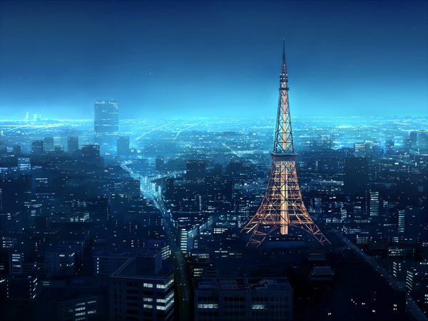 Anime picture 1600x1200 with seo tatsuya highres night city cityscape landscape tokyo tower