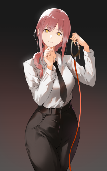 Anime-Bild 800x1280 mit chainsaw man mappa makima (chainsaw man) nr noir single long hair tall image looking at viewer fringe breasts simple background standing holding yellow eyes pink hair braid (braids) long sleeves head tilt light smile gradient background