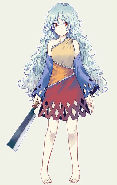 Anime picture 1000x1574 with touhou sakata nemuno uranaishi (miraura) single long hair tall image looking at viewer simple background red eyes standing blue hair full body barefoot curly hair girl weapon detached sleeves oriental hatchet