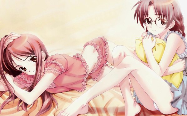 Anime picture 1920x1200 with cross channel kirihara touko miyasumi misato matsuryuu long hair looking at viewer highres light erotic brown hair wide image sitting payot bent knee (knees) lying barefoot bare belly bare legs wallpaper hug on side