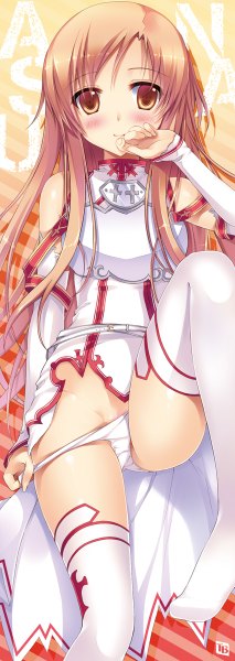 Anime picture 426x1200 with sword art online a-1 pictures yuuki asuna sousouman single long hair tall image blush light erotic brown hair brown eyes girl thighhighs underwear panties detached sleeves white thighhighs