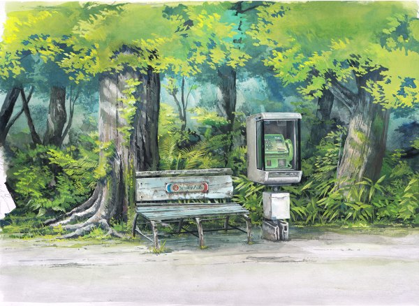 Anime picture 1200x876 with original gom jabbar no people landscape plant (plants) tree (trees) bench phone