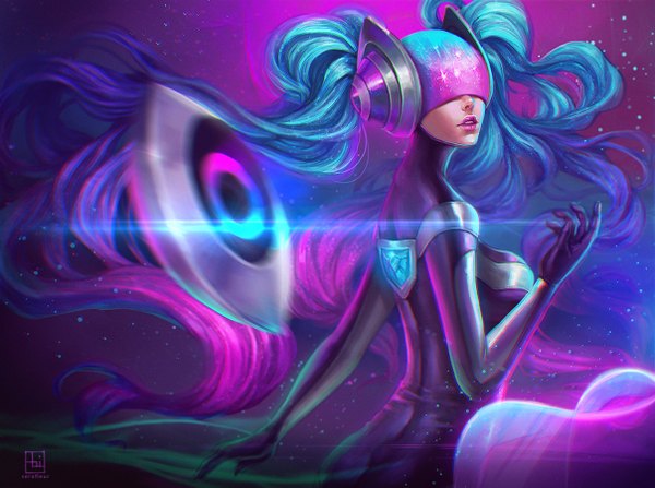 Anime picture 1208x900 with league of legends sona buvelle abigail diaz single breasts twintails blue hair very long hair parted lips multicolored hair lips realistic lipstick lens flare gradient hair pink lipstick girl gloves bodysuit