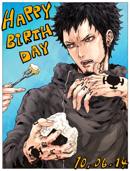 Anime picture 740x968 with one piece toei animation trafalgar law shuttahellup tall image short hair open mouth black hair holding looking away upper body black eyes teeth tattoo piercing border dated ear piercing solo focus eating