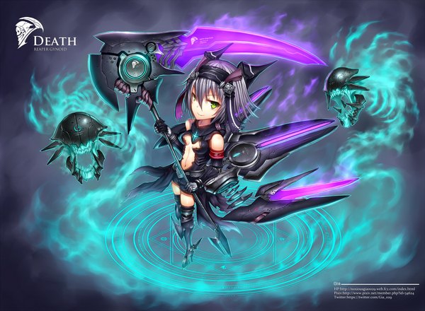 Anime picture 2000x1468 with original gia single looking at viewer highres short hair smile green eyes purple hair from above inscription magic glowing girl navel weapon armor thigh boots skull armband