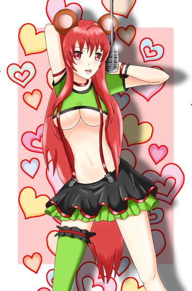 Anime picture 1340x2024 with original kristi palmer31 single tall image looking at viewer blush fringe breasts open mouth light erotic red eyes large breasts standing holding animal ears red hair very long hair pleated skirt bare belly shadow