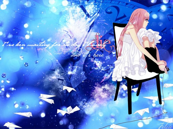 Anime picture 1024x768 with felcie single long hair fringe sitting brown eyes looking away pink hair profile sleeveless blue background girl dress frills white dress ring clock thread paper airplane