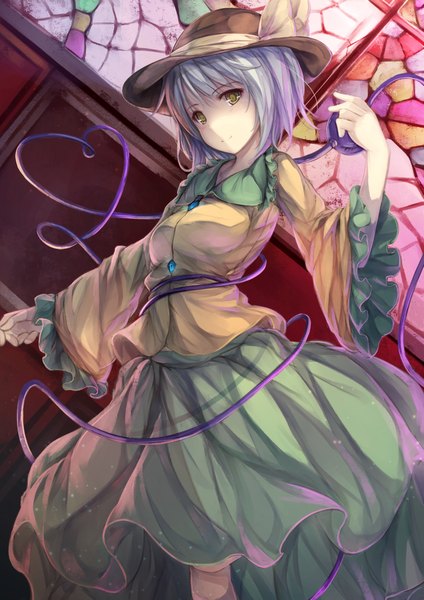Anime picture 1447x2046 with touhou komeiji koishi fal maro single tall image looking at viewer short hair smile yellow eyes silver hair girl skirt ribbon (ribbons) hat frills green skirt eyeball stained glass