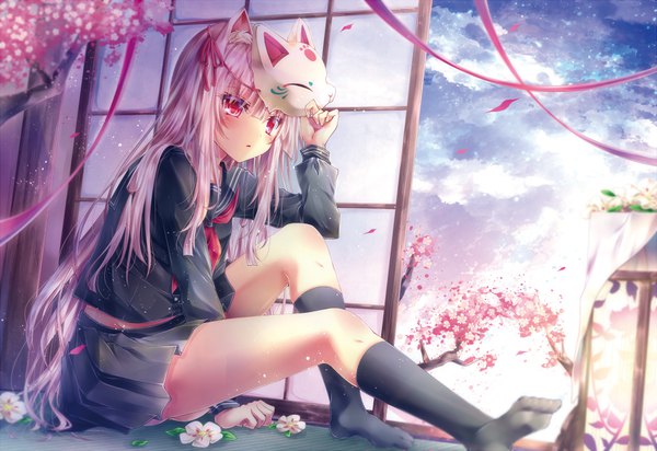 Anime picture 920x633 with original tetsu tissue single long hair fringe light erotic hair between eyes red eyes sitting holding animal ears payot purple hair cloud (clouds) indoors blunt bangs long sleeves cat ears cat girl depth of field