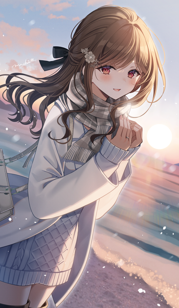Anime picture 1027x1767 with original myusha single long hair tall image looking at viewer blush open mouth red eyes brown hair outdoors :d evening sunset half updo girl dress scarf sea bobby pin