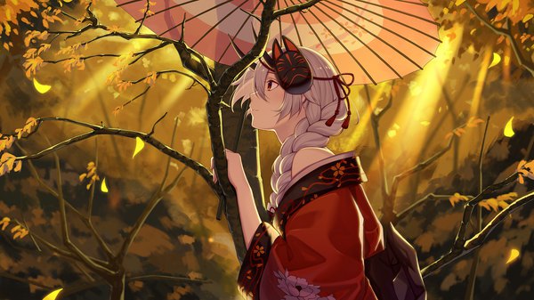 Anime picture 1920x1080 with fate (series) fate/grand order tomoe gozen (fate) baseness single long hair blush fringe highres hair between eyes red eyes wide image looking away outdoors braid (braids) traditional clothes japanese clothes profile light smile sunlight