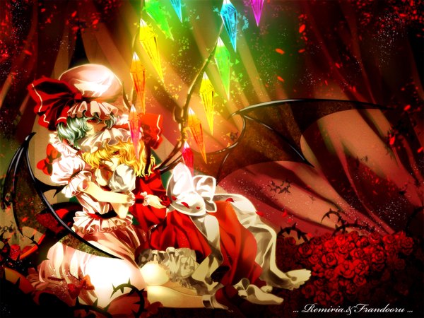 Anime picture 1500x1125 with touhou flandre scarlet remilia scarlet wokome short hair blonde hair red eyes multiple girls blue hair girl dress flower (flowers) bow 2 girls petals wings bonnet crystal