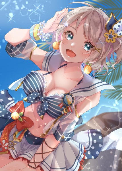 Anime picture 1813x2537 with love live! sunshine!! sunrise (studio) love live! watanabe you madoka25 single tall image looking at viewer blush highres short hair breasts open mouth blue eyes light erotic smile large breasts standing sky outdoors