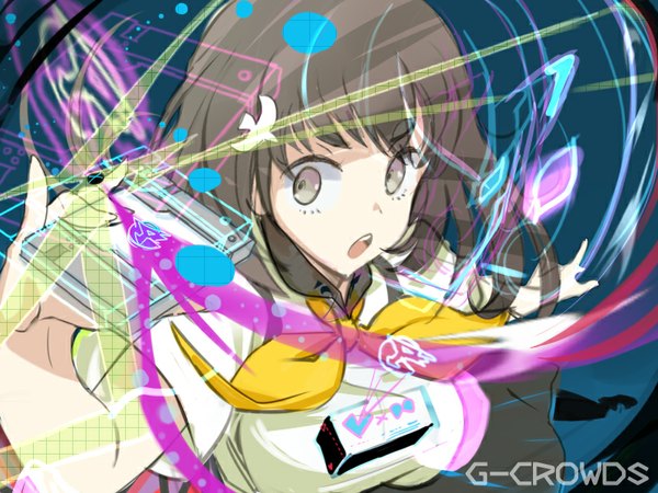 Anime picture 800x600 with gatchaman crowds tatsunoko ichinose hajime fujita hidetoshi single fringe short hair open mouth brown hair holding brown eyes looking away from above copyright name magic girl uniform hair ornament school uniform hairclip