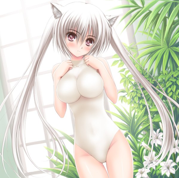 Anime picture 1206x1200 with original norita single long hair light erotic red eyes twintails animal ears white hair cat ears cat girl girl flower (flowers) swimsuit plant (plants) lily (flower)
