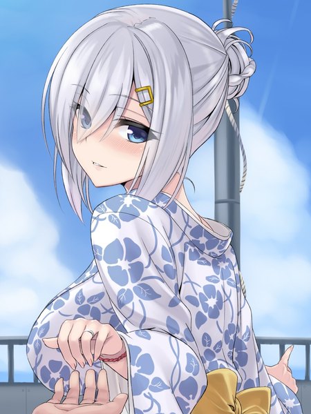 Anime picture 768x1024 with kantai collection hamakaze destroyer sengoku aky long hair tall image looking at viewer blush fringe breasts blue eyes smile hair between eyes large breasts payot sky silver hair cloud (clouds) upper body traditional clothes parted lips