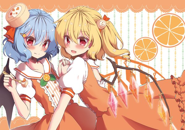 Anime picture 2551x1789 with touhou flandre scarlet remilia scarlet beni kurage blush fringe highres short hair open mouth blonde hair smile hair between eyes red eyes multiple girls blue hair one side up holding hands adapted costume girl dress
