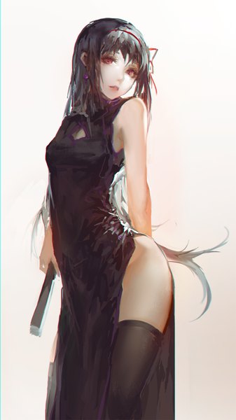 Anime picture 1109x1974 with mahou shoujo madoka magica shaft (studio) akemi homura akuma homura blackrabbitsoul single long hair tall image looking at viewer fringe light erotic black hair simple background red eyes standing holding traditional clothes parted lips head tilt grey background