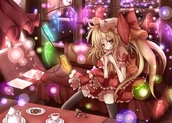 Anime picture 1200x857 with touhou flandre scarlet haru ion single long hair looking at viewer fringe open mouth blonde hair red eyes sitting payot wind sparkle short sleeves hands clasped checkerboard cookie girl bow hat