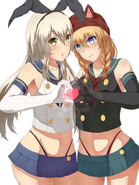 Anime picture 1200x1594 with kantai collection shimakaze destroyer tagme (artist) long hair tall image looking at viewer blush fringe breasts blue eyes light erotic simple background blonde hair smile standing white background multiple girls green eyes animal ears braid (braids)