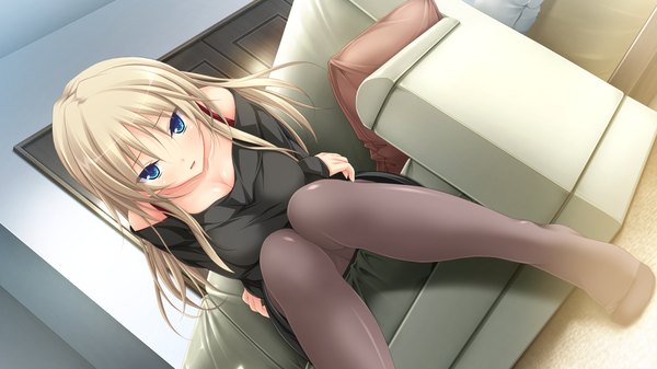 Anime picture 1280x720 with hapymaher purple software yayoi b lutwidge koku single long hair blush blue eyes blonde hair wide image sitting bare shoulders game cg dutch angle looking down girl pantyhose pillow couch