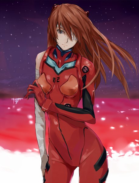 Anime picture 780x1024 with neon genesis evangelion gainax soryu asuka langley ogros single long hair tall image looking at viewer fringe blue eyes brown hair standing bare shoulders light smile wind hair over one eye night night sky bandage over one eye girl