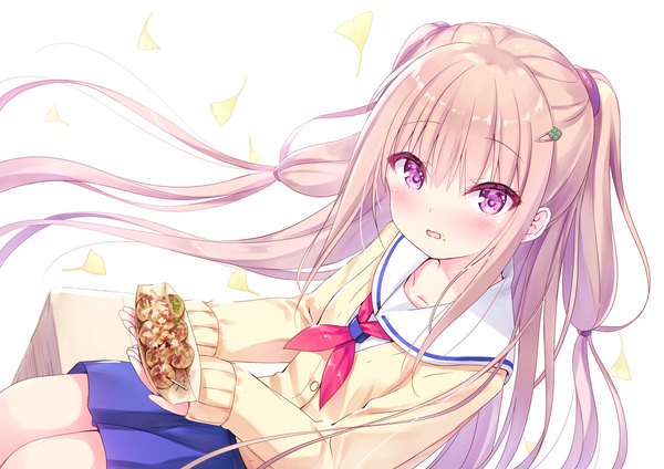 Anime picture 1680x1188 with original na-ga single long hair looking at viewer fringe open mouth simple background brown hair white background sitting long sleeves pink eyes two side up sleeves past wrists food on face girl uniform serafuku food