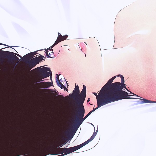 Anime picture 1080x1080 with original ilya kuvshinov single long hair looking at viewer fringe black hair smile purple eyes bare shoulders payot upper body lying parted lips lips on back lipstick portrait eyeshadow pink lipstick