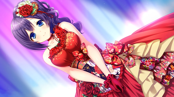 Anime picture 1920x1080 with deep love diary kitasono chika ayuma sayori single long hair looking at viewer blush highres blue eyes smile wide image game cg purple hair girl dress gloves hair ornament red dress red gloves