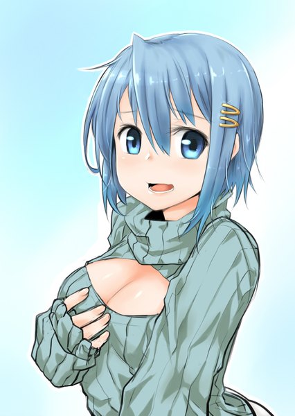 Anime picture 1104x1553 with mahou shoujo madoka magica shaft (studio) miki sayaka kaho single tall image short hair open mouth blue eyes light erotic simple background blue hair cleavage girl hair ornament hairclip sweater turtleneck open-chest turtleneck