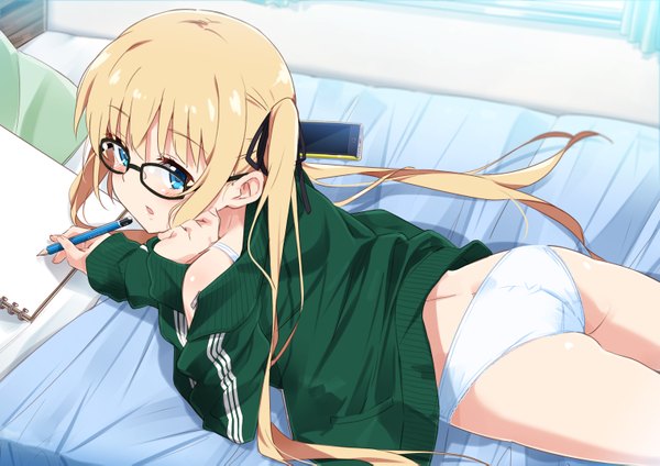 Anime picture 3035x2149 with saenai heroine no sodatekata a-1 pictures sawamura spencer eriri mousou (mousou temporary) single long hair looking at viewer blush fringe highres open mouth blue eyes light erotic blonde hair twintails holding payot absurdres ass indoors