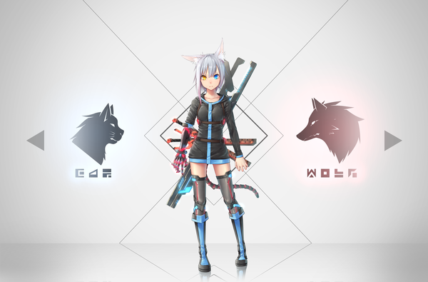 Anime picture 4160x2740 with original allen.n fringe highres short hair blue eyes simple background hair between eyes animal ears yellow eyes absurdres full body tail grey hair hair over one eye inscription heterochromia wolf ears asymmetrical hair girl