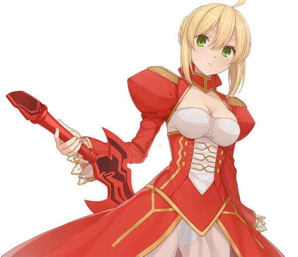 Anime picture 1000x866 with fate (series) fate/extra nero claudius (fate) (all) nero claudius (fate) nananichi single fringe short hair breasts light erotic simple background blonde hair hair between eyes standing white background holding green eyes payot looking away ahoge