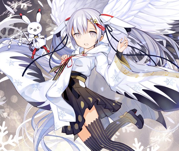 Anime picture 2000x1695 with vocaloid hatsune miku yuki miku rabbit yukine yuki miku (2018) kari kenji single looking at viewer fringe highres open mouth hair between eyes twintails white hair wide sleeves arms up angel wings white eyes girl thighhighs