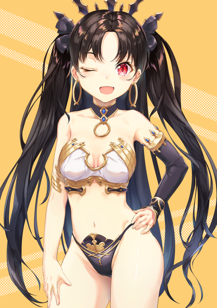 Anime picture 885x1254 with fate (series) fate/grand order ishtar (fate) overlay (artist) single long hair tall image looking at viewer blush fringe breasts open mouth light erotic black hair simple background smile red eyes standing bare shoulders cleavage