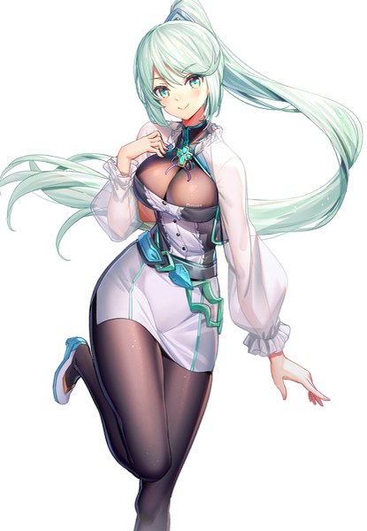 Anime picture 831x1200 with xenoblade xenoblade 2 pneuma (xenoblade) ririko (zhuoyandesailaer) single long hair tall image looking at viewer blush fringe breasts light erotic simple background smile hair between eyes standing white background holding cleavage bent knee (knees)
