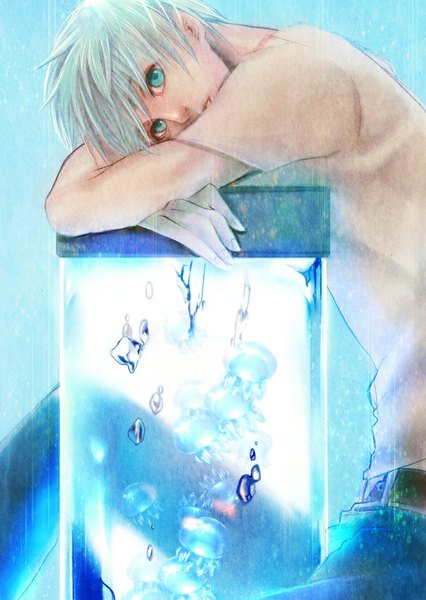 Anime picture 707x995 with kuroko no basket production i.g kuroko tetsuya narumi622 single tall image looking at viewer short hair open mouth blue eyes simple background sitting blue hair bent knee (knees) blue background boy water belt bubble (bubbles) jeans
