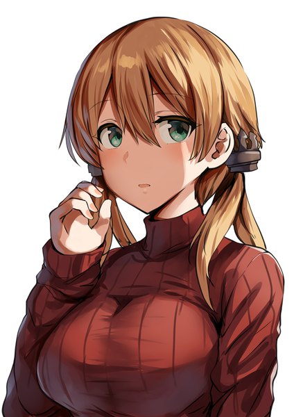 Anime picture 707x1000 with kantai collection prinz eugen (kantai collection) belko single long hair tall image fringe breasts open mouth simple background blonde hair large breasts white background twintails green eyes looking away long sleeves low twintails shaded face girl