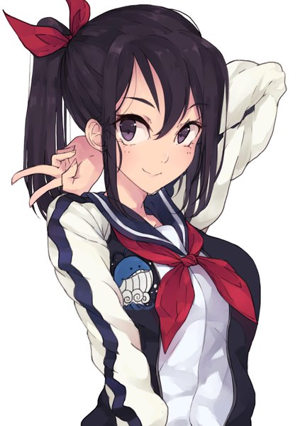 Anime picture 600x850 with original maruhana single long hair tall image blush fringe black hair simple background smile hair between eyes white background purple eyes payot looking away upper body ponytail long sleeves arm up open jacket