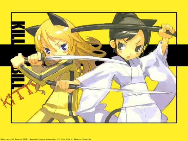 Anime picture 1280x960 with kill bill cat girl cosplay yellow background girl sword katana