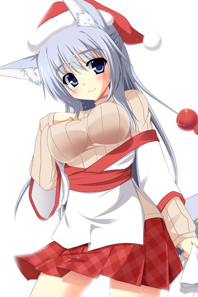 Anime picture 1000x1500 with original tatese tamiko shirasu youichi single long hair tall image blush blue eyes simple background smile white background animal ears grey hair half updo girl skirt hair ornament miniskirt sweater x hair ornament