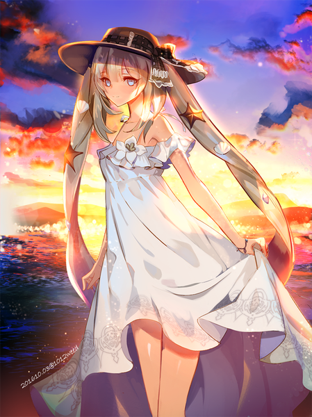 Anime picture 600x801 with fate (series) fate/grand order marie antoinette (fate/grand order) marie antoinette (swimsuit caster) (fate) astarone single long hair tall image looking at viewer fringe blue eyes smile brown hair standing twintails bare shoulders holding signed cloud (clouds) upper body