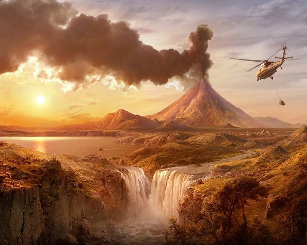Anime picture 1280x1024 with sky evening sunset smoke mountain landscape river waterfall volcano water helicopter