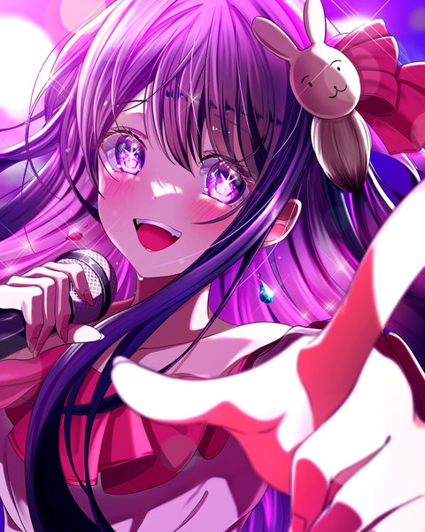 Anime picture 2400x3000 with oshi no ko hoshino ai (oshi no ko) gyeou lee single long hair tall image looking at viewer blush fringe highres open mouth hair between eyes purple eyes purple hair upper body :d fingernails sparkle sweat pointing at viewer