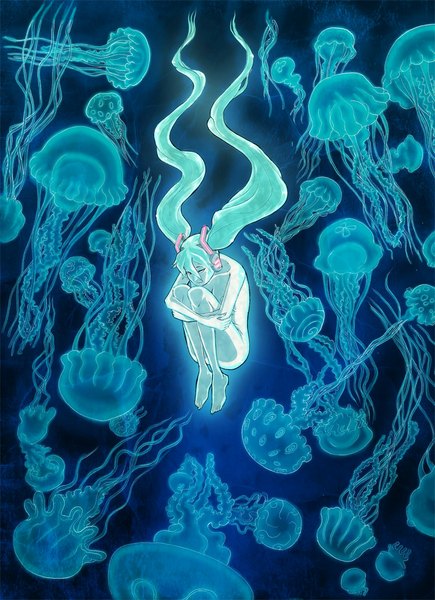 イラスト 726x1000 と ボーカロイド 初音ミク novanim (artist) ソロ 長髪 長身像 light erotic ツインテール 肩出し aqua eyes 女の子 ヘッドフォン jellyfish