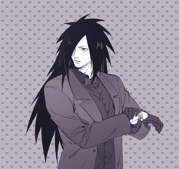 Anime picture 1600x1511 with naruto studio pierrot naruto (series) uchiha madara single long hair simple background looking away turning head monochrome pale skin spiked hair boy gloves bowtie suit clock