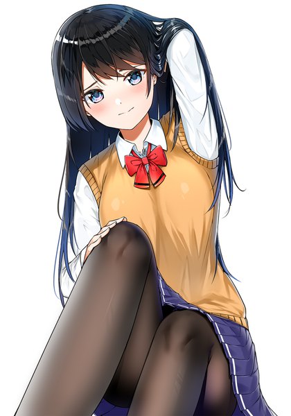 Anime picture 1166x1666 with original suzuharu toufu single long hair tall image looking at viewer blush fringe breasts blue eyes black hair simple background white background sitting long sleeves head tilt pleated skirt arm up hand on knee girl