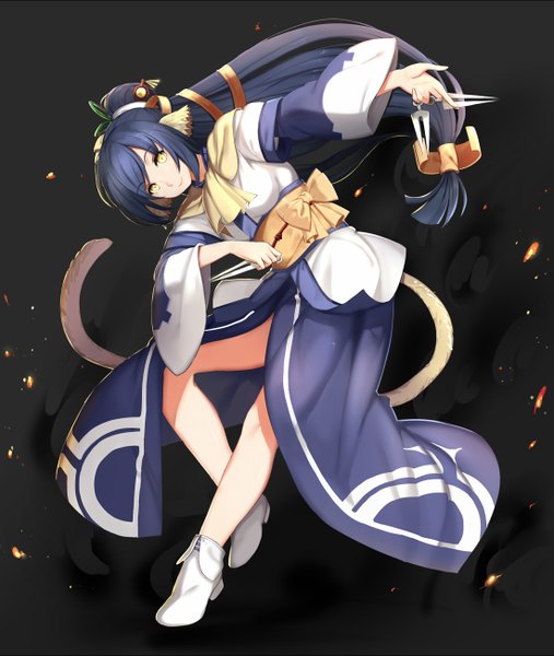 Anime picture 1100x1300 with utawareru mono: itsuwari no kamen white fox kuon (utawareru mono) yingji (zszero) single long hair tall image looking at viewer smile animal ears yellow eyes blue hair tail animal tail dark background girl dress bow ribbon (ribbons) hair ribbon