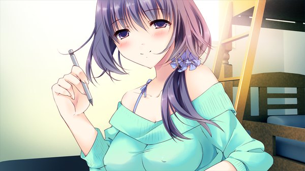 Anime picture 1280x720 with pocket ni koi o tsumete long hair blush breasts light erotic black hair wide image large breasts bare shoulders brown eyes game cg girl sweater