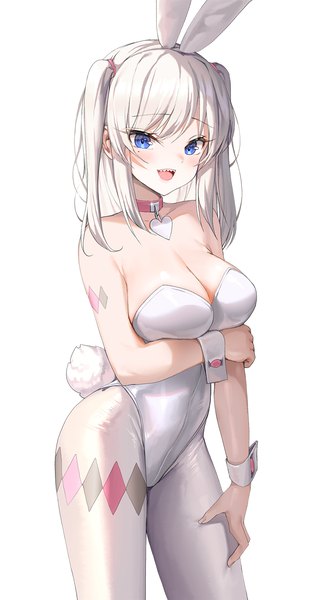 Anime picture 1093x2000 with original lee seok ho single long hair tall image looking at viewer blush fringe breasts open mouth blue eyes light erotic simple background smile large breasts standing white background bare shoulders animal ears payot